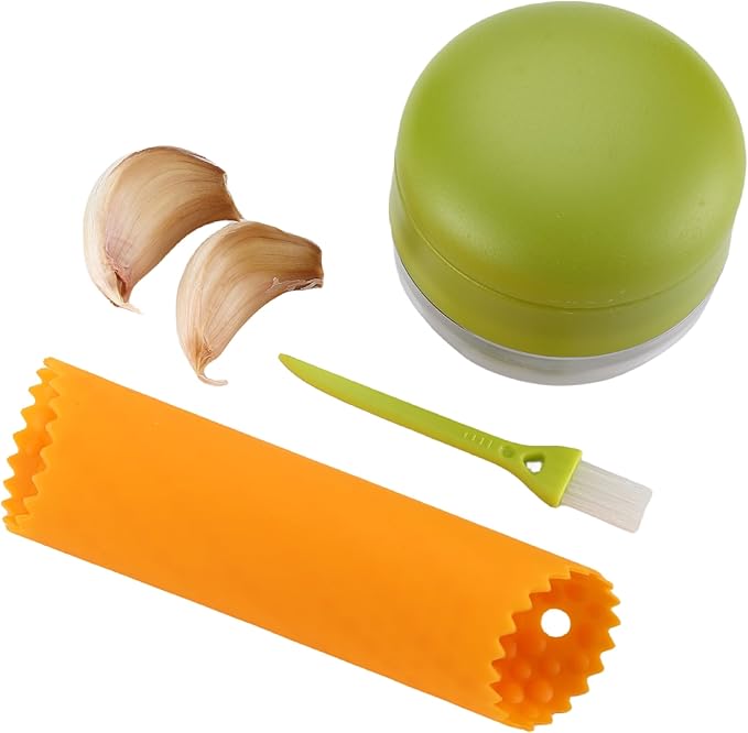 Garlic Peeler Garlic Mincer, Press, Cutter, and Storage Container - Includes Silicone Garlic Peeler and Mini Brush - Easy to Clean - Stainless Steel Blades