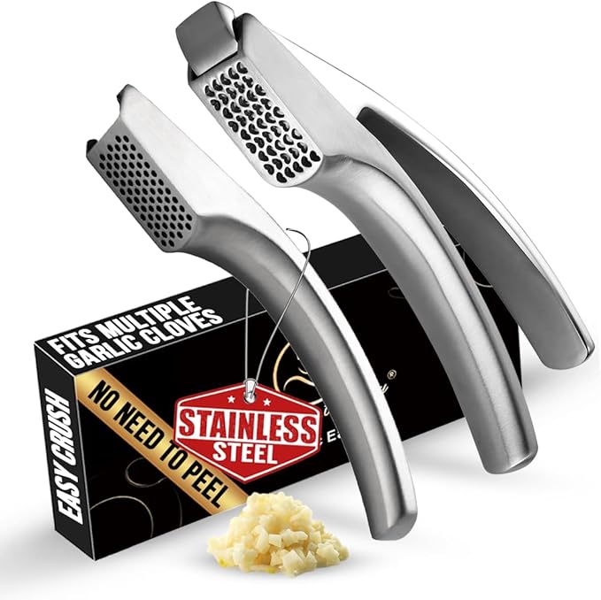 No Peeling Required Garlic Press Stainless Steel with Two Detachable Handles for Coarse&Fine Mincing-Premium Garlic Mincer Tool, Easy to Clean, Dishwasher Safe Garlic Crusher with Lifetime Replacement
