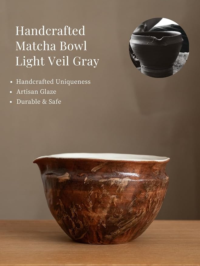 6-pcs Japanese Matcha Whisk Set with Handmade Wabi-Sabi Ceramic Bowl(Chawan),Bamboo Chasen, Whisk Holder, Scoop, Sifter & Tea Towel,Matcha Ceremony Kit,(Silent taupe)