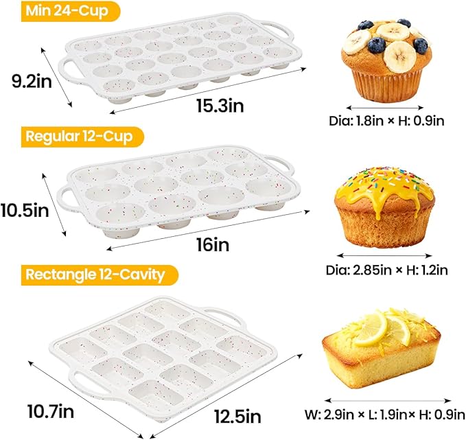 CAKETIME 3 Pack Silicone Bakeware Set, Metal Reinforced Frame Silicone Muffin Pans for Baking Nonstick with Handle,12 & 24 Cup Muffin Pans and 12-Cup Mini Loaf Pan, BPA Free
