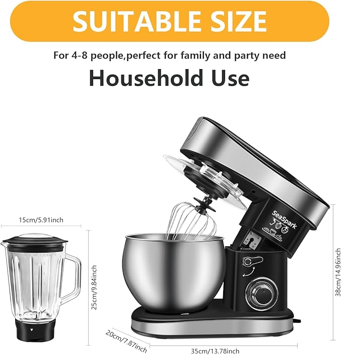 Multifunctional Stand Mixer 6.3Qt 6-Speed Tilt-head, Electric Kitchen Mixer with Stainless Steel Bowl,Meat Grinder, Juice Blender (Black)