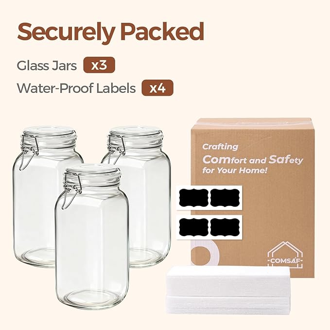 ComSaf Airtight Glass Jars with Lids 78oz Set of 3, Food Storage Canister Square - Storage Container with Clear Preserving Seal Wire Clip Fastening for Kitchen Canning Flour, Cereal, Pasta, Beans