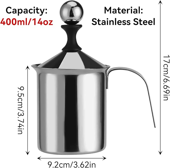 Manual Milk Frother, 400ml/14oz Stainless Steel Creamer Frother Milk Steamer Latte Cappuccino Coffee Foamer FrotherHandled Metal Creamer Foamer Pitcher With Handle Lid
