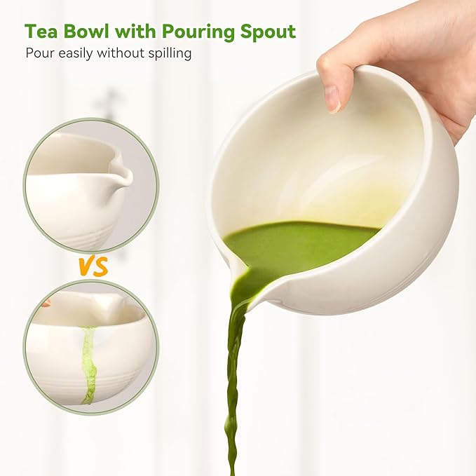Matcha Tea Kit 10-Pcs Set, Whisk and Bowl with Spout & Measuring Spoon, Japanese Tea Making Tools, White
