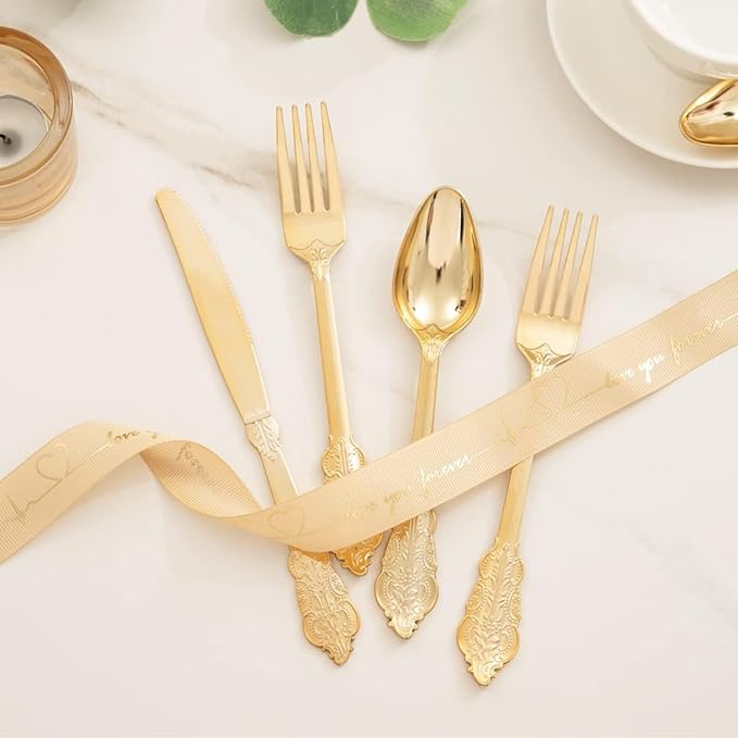 WDF 300 Pieces Gold Plastic Silverware Disposable - Heavy Duty Thanksgiving Plastic Cutlery - Gold Silverware Sets Includes 100 Forks, 100 Spoons, 100 Knives