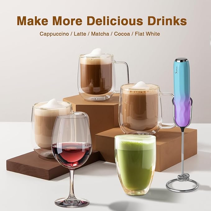 SUPRUS Ultra Fast Handheld Milk Frother Double Whisk with Stand 2 Batteries Stainless Steel for Lattes Cappuccino Matcha Hot Chocolate Coffee Bar Accessories Kitchen Gadgets Gift