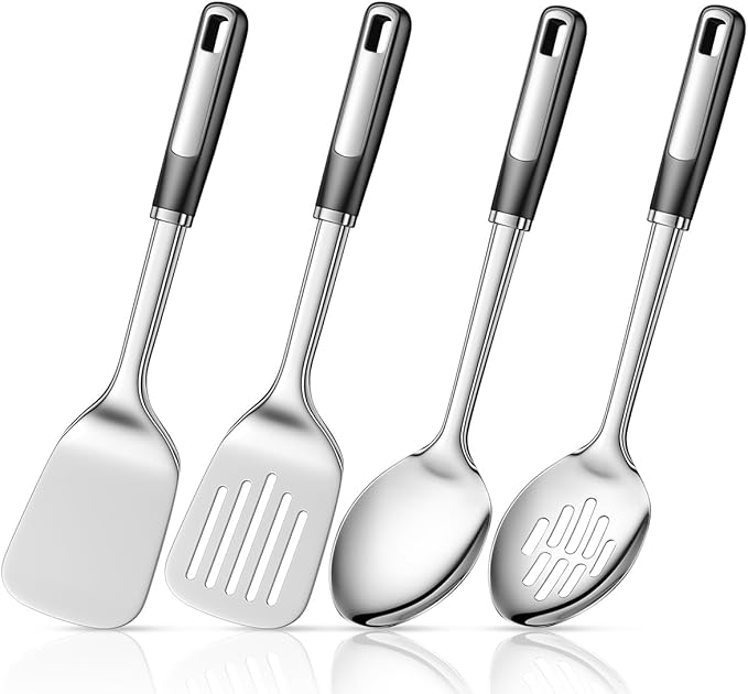 Pack of 4 Cooking Utensils Set, Large Solid Spatulas, Heat Resistant Slotted Spoons, Ideal Kitchen Turners for Frying, Mixing,Serving,Draining,Turning,Stirring