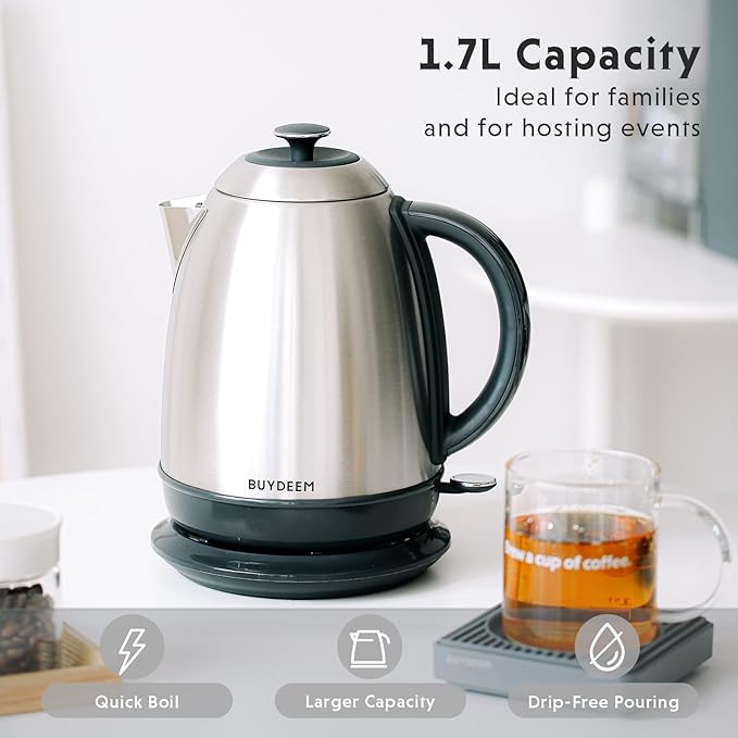 BUYDEEM K640 Stainless Steel Electric Tea Kettle with Auto Shut-Off and Boil Dry Protection, 1.7 Liter Cordless Hot Water Boiler with Swivel Base, 1440W,Retro Silver