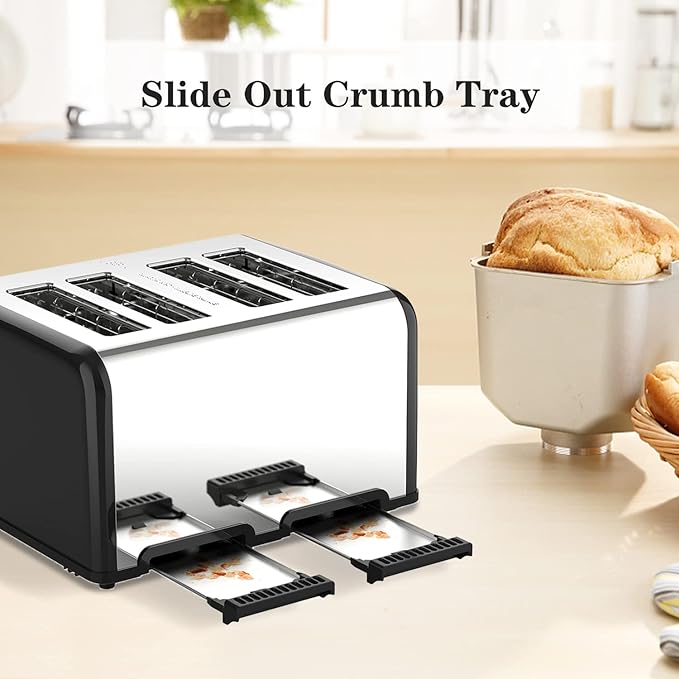 Toaster 4 Slice, KitchMix Bagel Stainless Toaster with LCD Timer, Extra Wide Slots, Dual Screen, Removal Crumb Tray (Black)