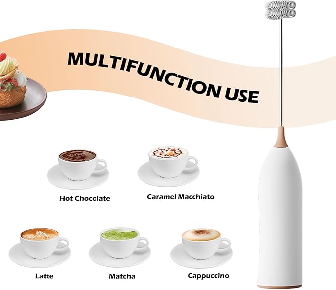 Electric Milk Frother-Handheld Drink Mixer - Electric Whisk Foam Maker for Coffee, Lattes, Cappuccino, Matcha, Hot Chocolate & Creamer (Stand with USB Rechargeable, white)