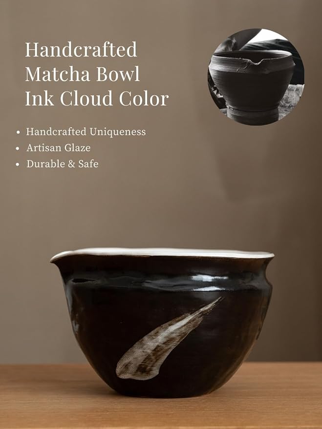 6-pcs Japanese Matcha Whisk Set with Handmade Wabi-Sabi Ceramic Bowl(Chawan),Bamboo Chasen, Whisk Holder, Scoop, Sifter & Tea Towel,Matcha Ceremony Kit,(Ink Cloud)