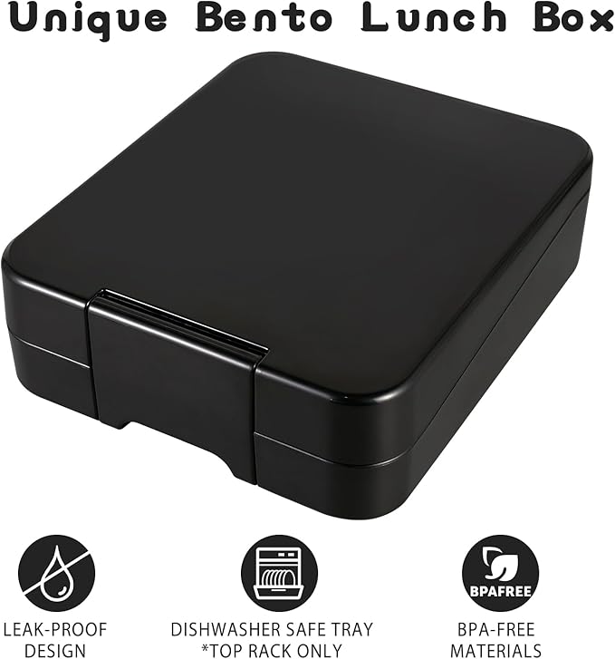 Bento Lunch Box Set for Kids with 10oz Soup Thermo, Leak-Proof Lunch Containers with 4 Compartment, Kids Thermo Hot Food Jar and Insulated Lunch Bag for Kid to School,BPA-Free(Black)