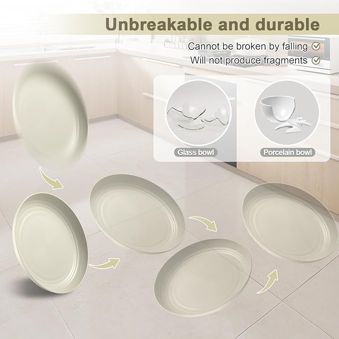 12 Pcs Unbreakable Deep Dinner Plates Set, 9 inch Reusable Plastic Wheat Straw Plates, Microwave and Dishwasher Safe Plate for Kitchen, Lightweight Plate for Dessert, BPA Free, Beige