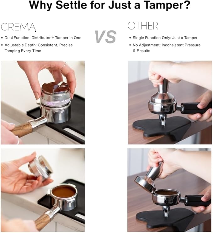 Crema Coffee Products 58mm Hand Tamper & Coffee Distributor | Compatible with Flair Pro and Pro 2 Portafilter | Double-Sided, Adjustable Depth Tool | Made with Durable 304 Stainless Steel | Silver