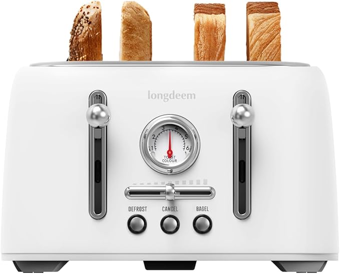 LONGDEEM 4-Slice Stainless Steel Toaster with 1.6" Wide Slots, Retro Bagel Toaster with 6 Browning Levels, Defrost/Bagel/Cancel, Removable Crumb Tray, Cute White
