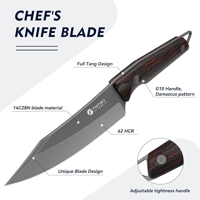 FINTISO 14C28N Steel Viking Knife, Japanese Butcher Knife with G10 Handle, Ultra Sharp Meat Cleaver Boning Knife for Meat Cutting, Outdoor Kitchen Chef Knife Best Gift (Red)