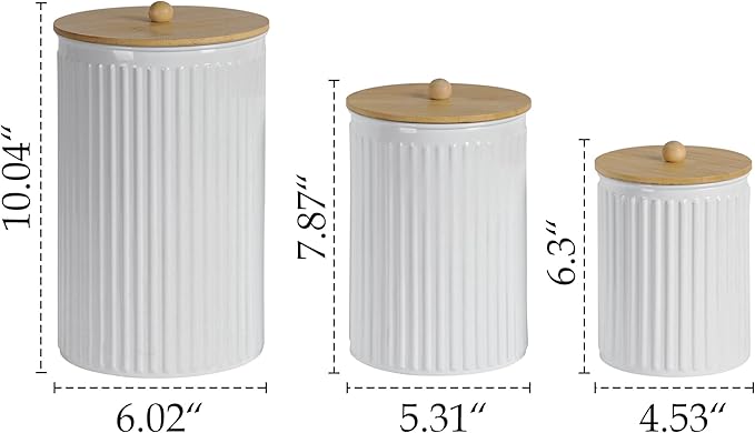 Kitchen Canister Set of 3 Tea Coffee Sugar Containers with Airtight Bamboo Lids Food Flour Storage for Countertop Metal White Vertical Stripe Pattern Embossed Farmhouse Decor