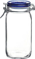 Bormioli Rocco Fido Glass Storage Jar, Blue Lid Airtight Pantry Canister - 50.75 oz Clamp Lock Container for Pasta, Rice, Coffee & Dry Goods - Italian Glass, Dishwasher & Microwave Safe
