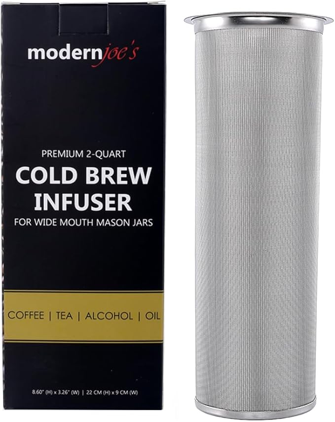 MODERNJOE'S Premium Infuser Cold Brew Coffee Maker for 2 Quart Wide Mouth Mason Jars. Cold Brew Coffee Filter. Iced Coffee and Tea. Heavy Duty Gauge 100 Micron Mesh 304 Stainless Steel