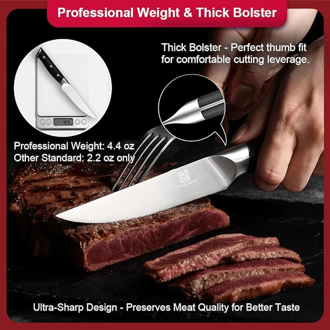 Steak Knives,4.5 Inch Steak Knife Set of 4,Micro-Cutting Point Serrated Edge,Razor Sharp Kitchen Knife,50CR15MOV Stainless Steel,Dishwasher Safe,Ergonomic Handle And Full Tang Design With Gift Box