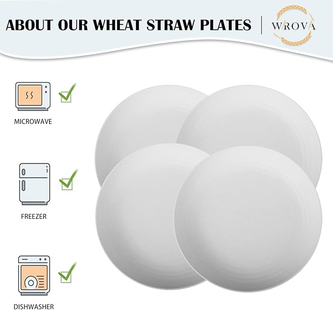 Wrova Wheat Straw Plates - 10 Inch Unbreakable Dinner Plates Set of 8 - Dishwasher & Microwave Safe Plastic Plates Reusable for kitchen and camping (White)