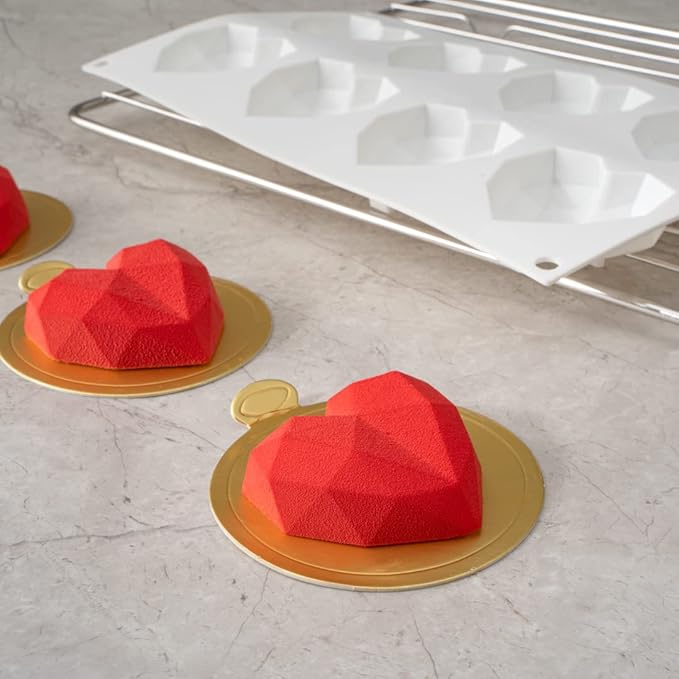 Pastry Tek 8 Cavities Diamond Heart Molds, 10 Oven-Ready Geometric Heart Molds - Flexible, Freezable, White Silicone Heart Baking Molds, Easy Release, For Baking - Restaurantware