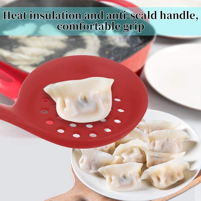 77L Slotted Spoon, Heatproof Skimmer Strainer Slotted Spoon, Seamless One-Piece Non-Stick Cooking Silicone Scoop Ladle with Ergonomic Handle for filter Vegetable, Pasta and More (Red)