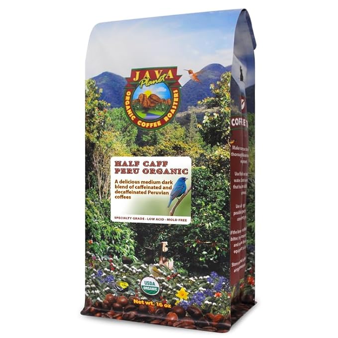 Low Acid Organic Coffee – Whole Bean, Mold-Free & Stomach Friendly by Java Planet, Peruvian Single Origin Half Caff Coffee, Medium Dark Roast, Arabica Gourmet Coffee Grade A, 1LB Bag