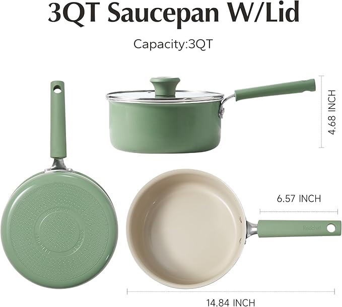 Redchef Ceramic Nonstick Saucepan with Lid, 3QT Small Cooking Pot,Non Toxic Sauce Pans for Kitchen, Cool Handle PFAS Free Compatible with All Cooktops, Green