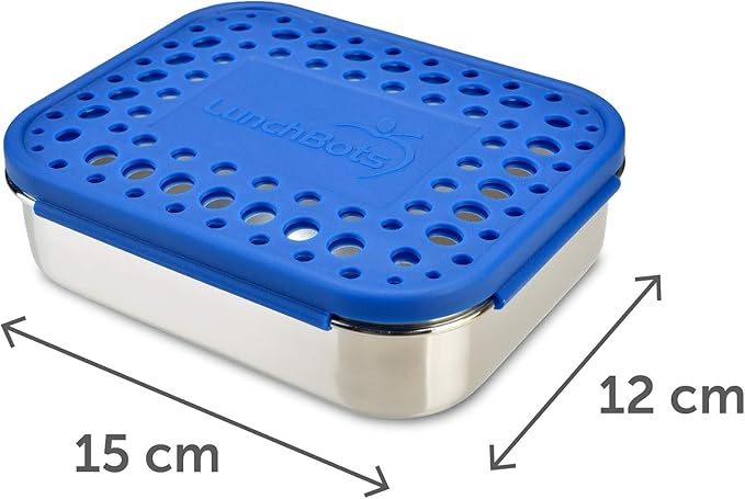 LunchBots Medium Uno Stainless Steel Sandwich Container - Open Design for Wraps - Salads or a Small Meal - Eco-Friendly - Dishwasher Safe and BPA-Free - Blue Dots