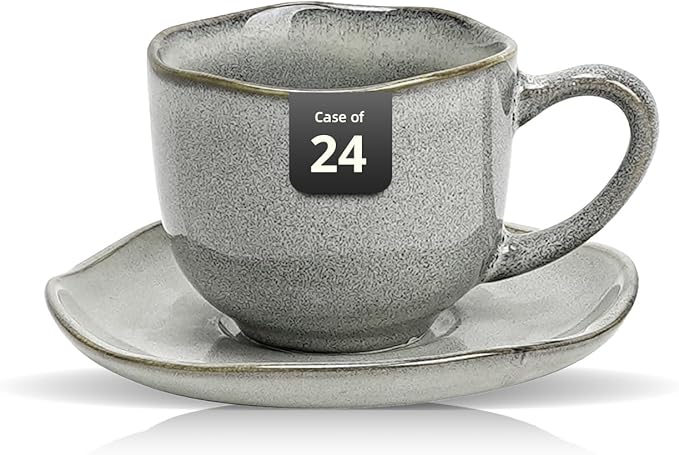 Organic Shape Restaurant 8oz Coffee Cup and Saucer, Commerical Grade Catering Stoneware Cups and Saucers in Ir-regular Organic Shape, Chip & Scratch Resistant, Glossy Reactive Glaze Grey, Case of 24