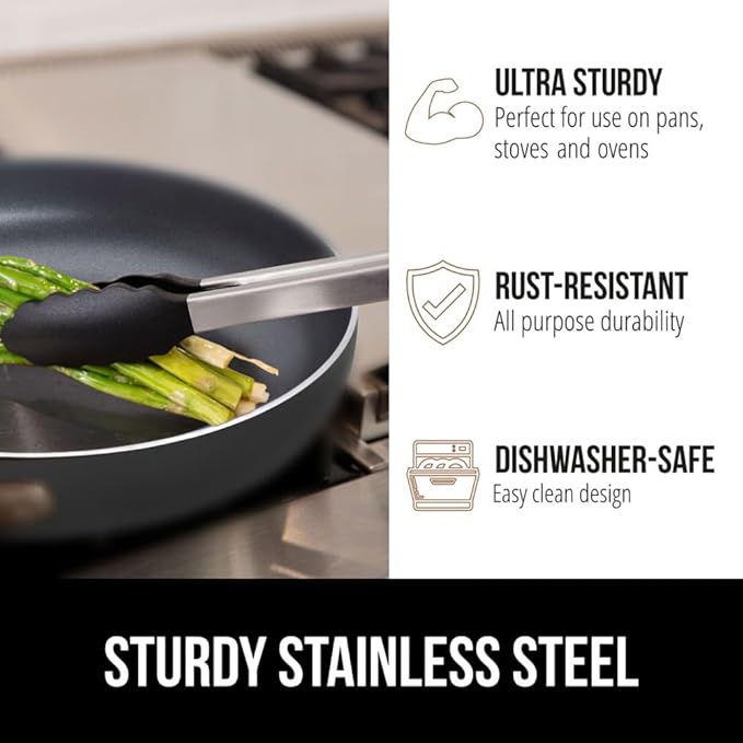 GORILLA GRIP Stainless Steel Heat Resistant Kitchen Tongs for Cooking, 12 + 14 Inch Set of 2 BBQ Tong, Non Scratch Silicone Tip for Pan, Strong Grip, Grab Food, Toss Salad, Air Fryer, Pull Lock, Black