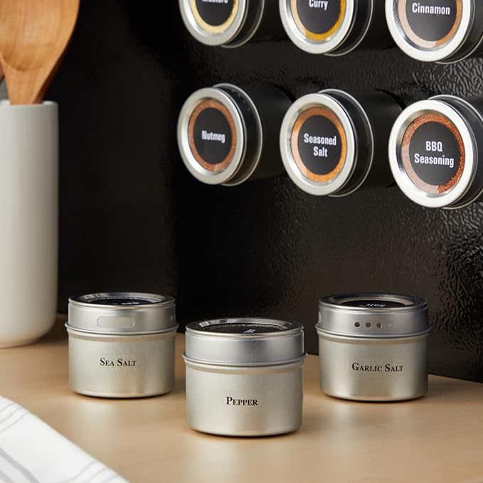 Talented Kitchen Magnetic Stainless Steel Spice Jars - 24-Pack, 3 oz, Silver - Magnetic Kitchen Spice Jars with Organizer Plates & Lids for Fridge & RV - Includes 6 Wall Plates & 269 Preprinted Labels