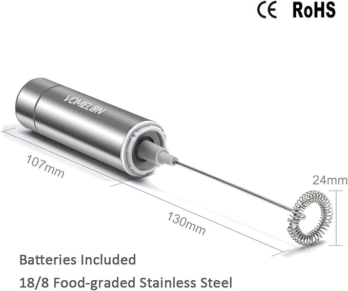 Milk Frother Handheld, Battery Operated Travel Coffee Frother Milk Foamer Drink Mixer with 2 Stainless Steel Whisks for Hot Chocolate, Batteries Included, Silver
