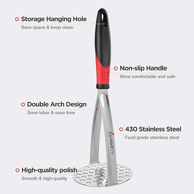 Joyoldelf Heavy Duty Potato Masher, Stainless Steel Integrated Masher Kitchen Tool & Food Masher/Potato Smasher with Non-slip Handle, Perfect for Bean, Vegetable, Fruits, Baby Food, Avocado, Meat