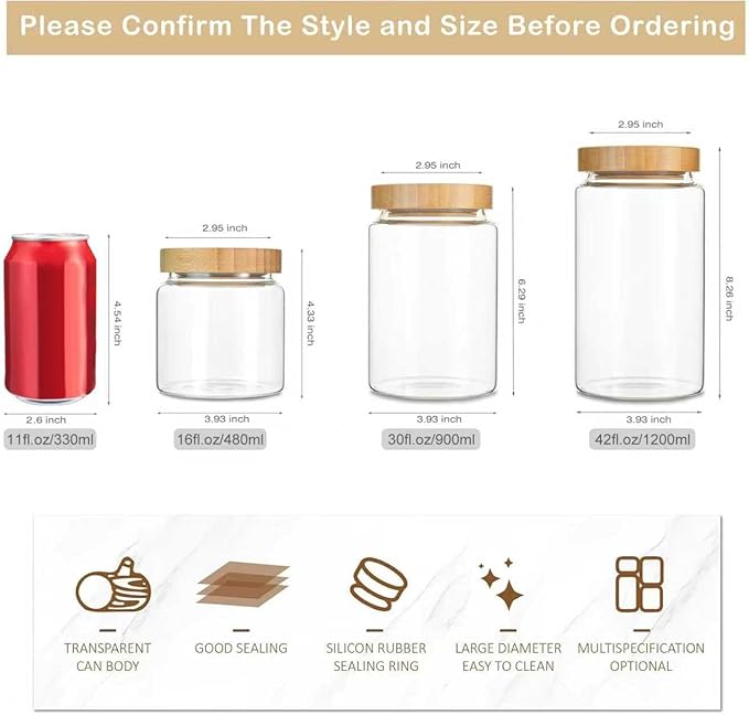 480 ml / 16 oz clear cute glass storage canister holder with airtight bamboo lid, modern decorative small container jar for coffee, spice, candy, salt, cookie, condiment, pepper, sugar