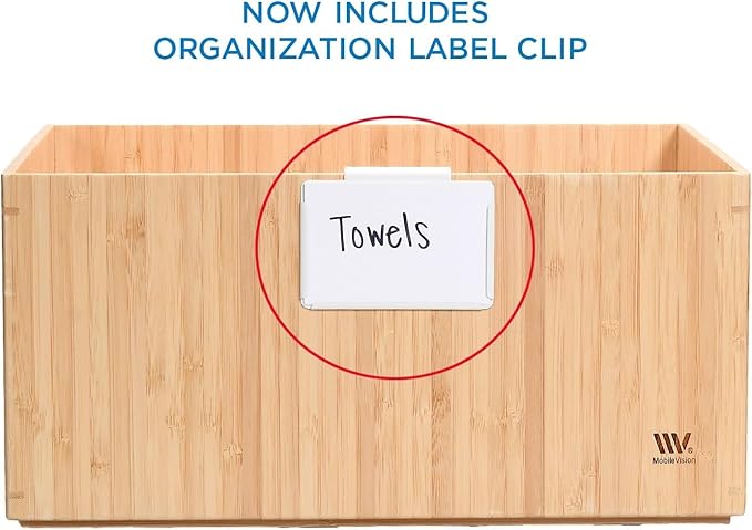 MobileVision Bamboo Storage Box Multi-Purpose Organizer for Kitchen Supplies Holder, Fruit Bin, Cabinets, Pantry with built in handles, stackable, 12” x 9” x 6” With White Clip Included