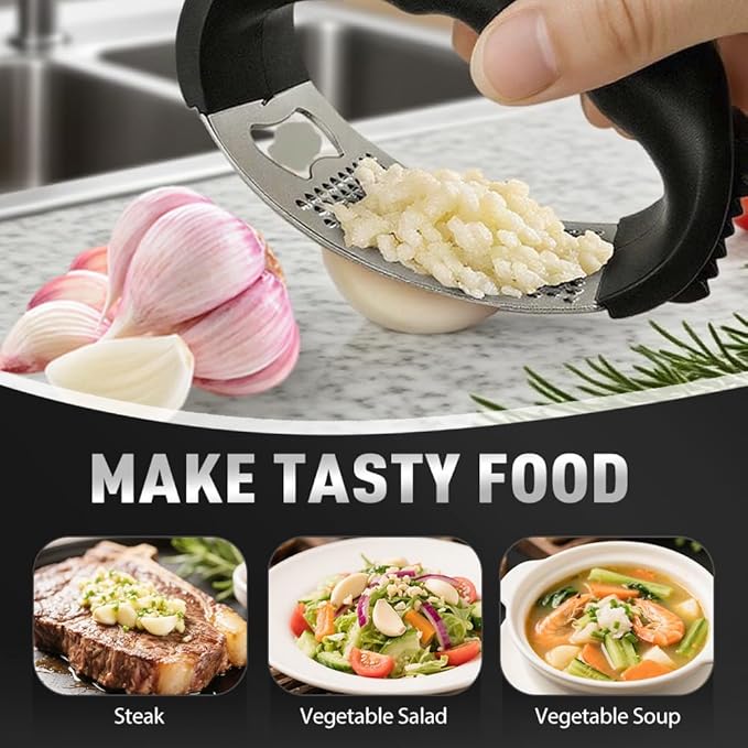 Stainless Steel Garlic Press Rocker, 2025 New Garlic Mincer and Garlic Crusher, Easy-Squeeze Garlic Tool with Peeler and Cleaning Brush for Smashing Garlic (A2-1Pcs)