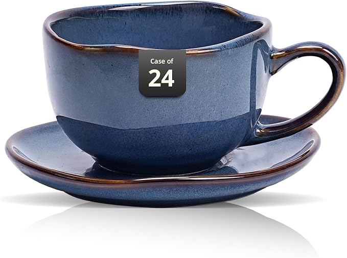 Organic Shape Restaurant 8OZ Coffee Cup and Saucer, Commerical Grade Catering Stoneware Cup and Saucer in Ir-regular Organic Shape, Chip & Scratch Resistant, Glossy Reactive Glaze Blue, Case of 24