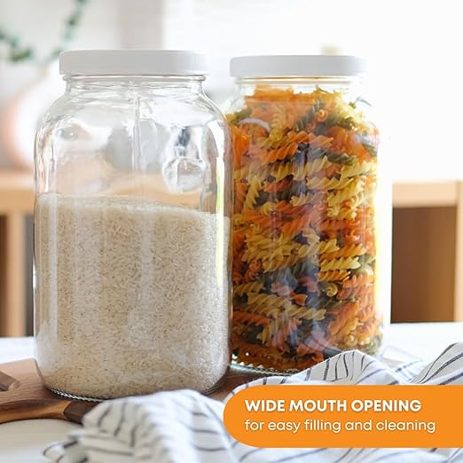 FastRack - One Gallon Wide Mouth Jar with White METAL Airtight Lid (Pack of 4) | Glass Canisters with Airtight Lids | Large Mouth Glass Jar with Fermentation Lid for brewing, fermentation and pickling