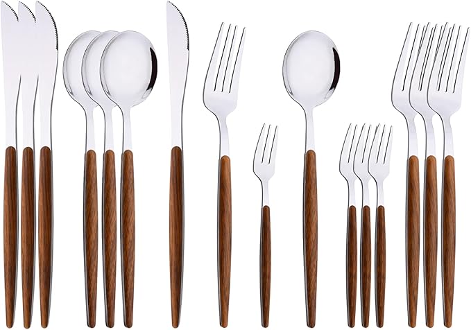 16-Piece Silverware Set with Cake Fork, Silver Stainless Steel Flatware Cutlery, Eating Utensils with Wooden Effect Handle, Includes Knife, Fork, Spoon, Mirror Finish, Dishwasher Safe