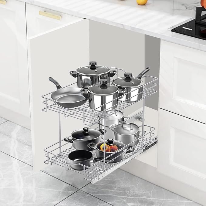 Fulgente Chrome Finish Pull Out Drawer Cabinet Organizer, Professional Wire Frame 2 Tier Heavy Duty Slide Out Kitchen Cabinet Storage Shelves, Sliding Drawer for Cabinet 11"W x 21"D