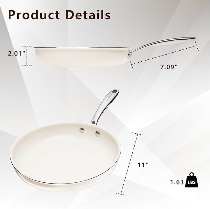11" Ceramic Frying Pan Nonstick, Skillet, Cooking Pan Non Toxic with Stay Cool Handle for Induction, Chef's Pan, PTFE & PFAS & PFOA Free, Dishwasher/Oven Safe, White