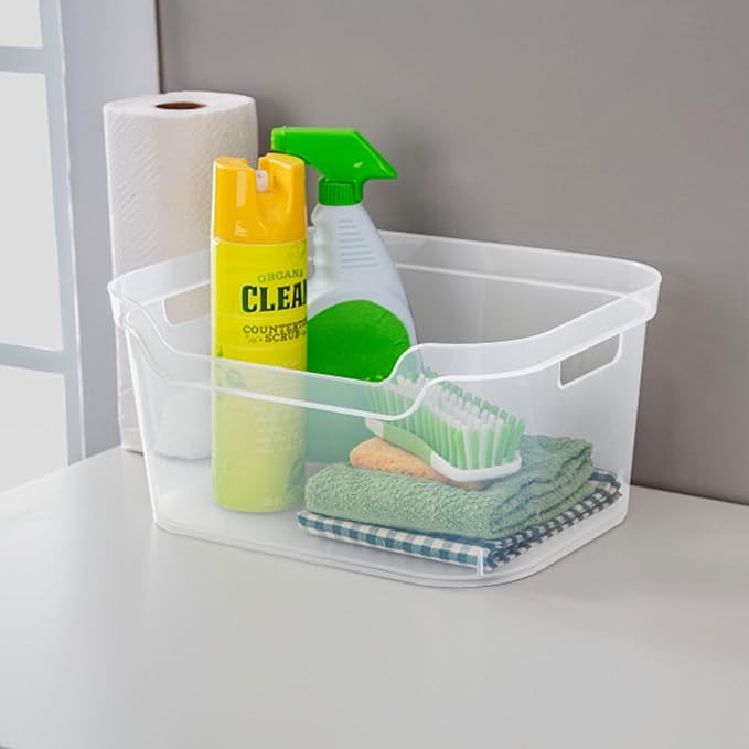 Sterilite 7 x 11 x 14.25 Inch Polished Open Scoop Front Storage Bin with Comfortable Carry Through Handles for Household Organization, Clear (12 Pack)