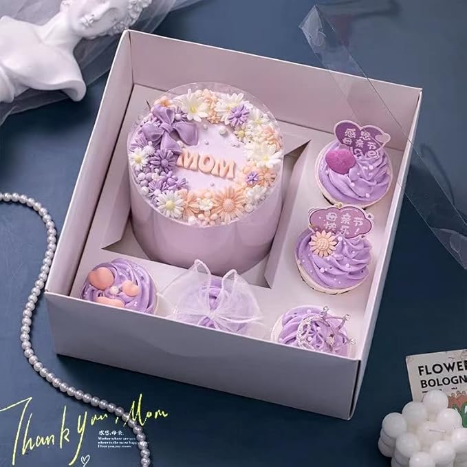 Bento Cake Box - Easy to Assemble White 4-inch Cake and 5 Cupcakes Box With Insert - 5 Sets Base for Family Birthday Party Mother's Day