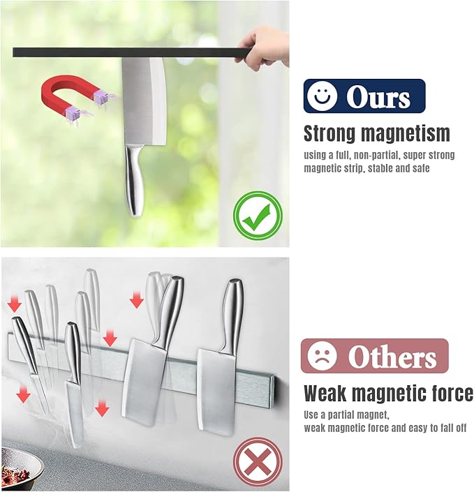 Dmore magnetic knife holder for wall—with 4 hooks, No Drilling 20 Inch black knife magnetic strip, Powerful knife magnet rack, include Adhesive Tape and screws for Knives, Utensils, and Tools