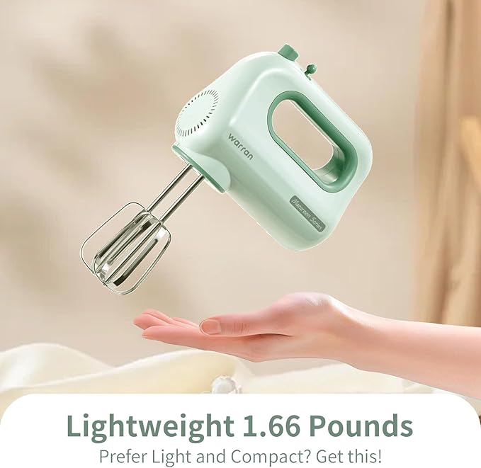 300W Compact Lightweight Electric Hand Mixer, with Powerful Quiet DC Motor for Baking, Cake, Brownies, Cookie Dough, Ideal for Home Kitchen (Green)