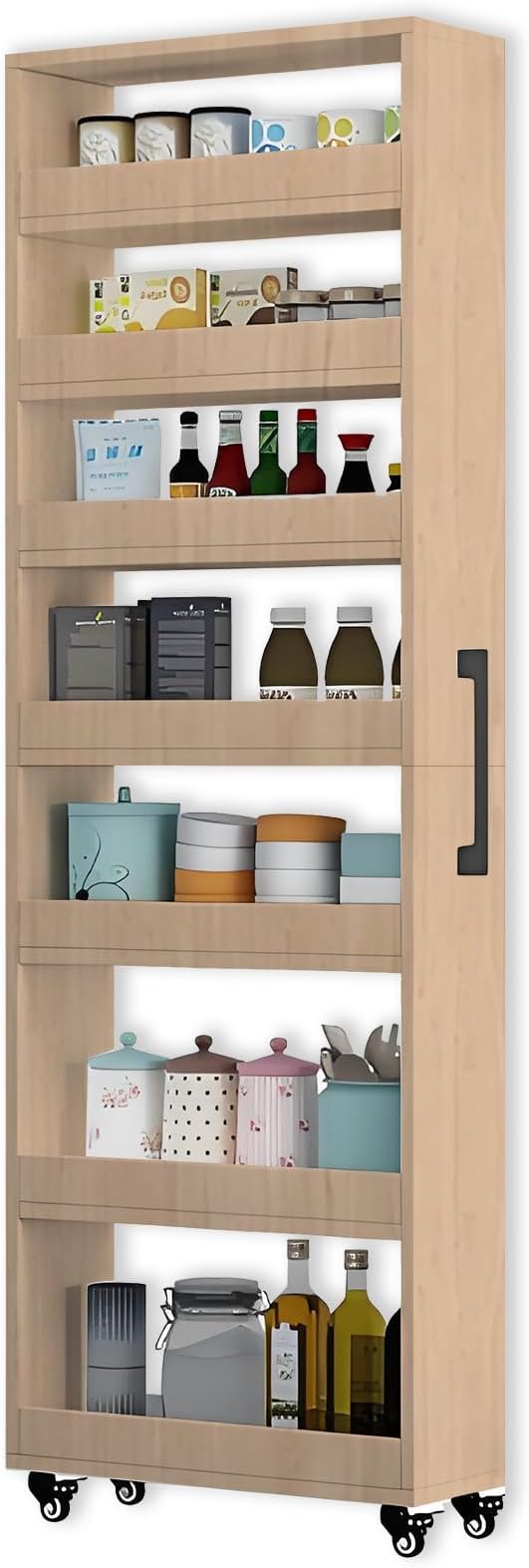 7-Tier Slim Storage Cart, Wooden Rolling Pantry Cabinet with Wheels, Narrow Shelf Organizer for Kitchen, Bakers Rack, Dining Room, Closet, Small Spaces Light Walnut 73.2''H*7.8''W*19.6''D