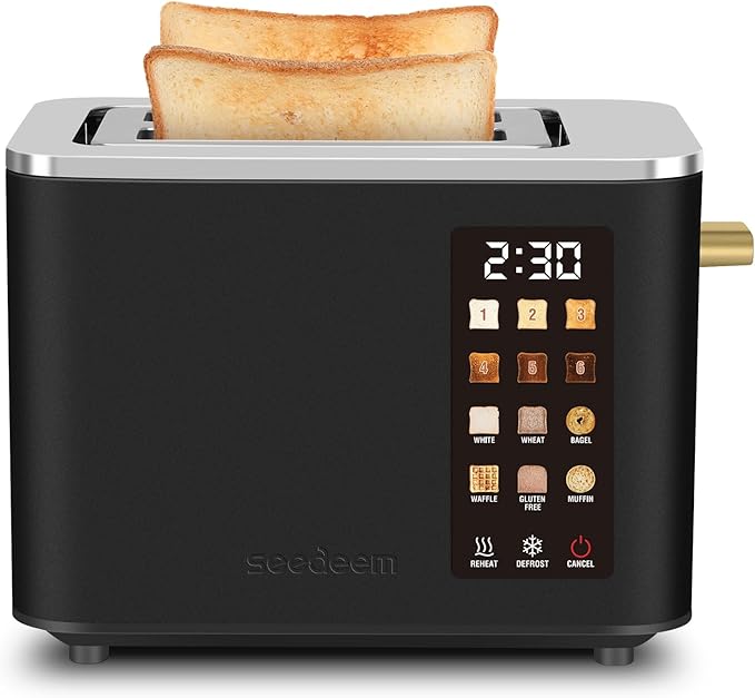 SEEDEEM Toaster 2 Slice, Touch Control Screen, Smart Stainless Toaster, 6 Shade Setting, 6 Bread Selection, Countdown, Removable Crumb Tray, 900W, Matte Black