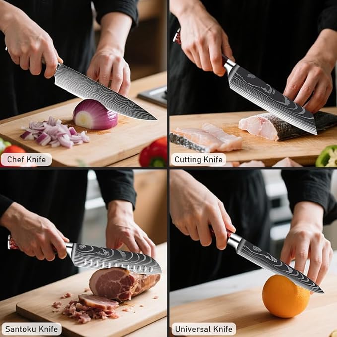 8-Piece Premium Japanese Kitchen Knife Set - Imperial Collection, Laser Damascus Pattern, 440A Stainless Steel Ultra Sharp for Fast Cutting (Blue 8J)